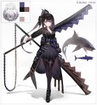  1girl absurdres black_hair black_pantyhose black_shirt black_skirt chain color_guide earrings fins fish fish_tail full_body helicoprion highres holding holding_sword holding_weapon huge_weapon jewelry long_hair original pantyhose ponytail prehistoric_animal purple_eyes ribiadan shark_girl shark_tail shirt skirt standing sword tail thigh_strap very_long_hair weapon 
