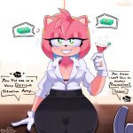  amy_rose anthro beverage blush bodily_fluids breasts cleavage clothed clothing drunk english_text eulipotyphlan female grin hedgehog hi_res holding_beverage holding_object looking_at_viewer mammal nipple_outline offscreen_character sega sheerly_(artist) sitting smile solo sonic_the_hedgehog_(series) substance_intoxication sweat text 