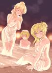  3girls ^_^ absurdres blonde_hair blurry blurry_background blush breasts clarice_(idolmaster) cleavage closed_eyes collarbone completely_nude covering green_eyes hair_bun highres idolmaster idolmaster_cinderella_girls kurosaki_chitose looking_at_viewer medium_breasts miyamoto_frederica multiple_girls nude nude_cover onsen partially_submerged red_eyes single_hair_bun smile soaking_feet steam tomawarinosuizou towel towel_on_head wading white_towel 