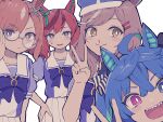  4girls :d adjusting_eyewear ahoge animal_ears blood blue_eyes blue_hair bow bowtie brown_eyes brown_hair crossed_bangs glasses hair_ornament hairclip hand_on_own_hip hat heterochromia highres horse_ears horse_girl ikuno_dictus_(umamusume) looking_at_viewer matikane_tannhauser_(umamusume) multicolored_hair multiple_girls nice_nature_(umamusume) nosebleed pleated_skirt purple_eyes rjsn round_eyewear school_uniform sharp_teeth simple_background skirt smile streaked_hair summer_uniform swept_bangs teeth tracen_school_uniform twin_turbo_(umamusume) twintails two-tone_hair umamusume v white_background 