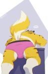  2023 anthro bent_over bulge butt butt_cleavage canid canine climbing clothed clothing digital_media_(artwork) ellipsis fox fur hi_res male mammal pink_clothing pink_underwear raised_tail rear_view skai skaifox solo striped_body striped_fur stripes tail underwear underwear_only yellow_body yellow_fur 