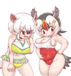  2girls adjusting_clothes adjusting_swimsuit animal_ears atlantic_puffin_(kemono_friends) bikini bird_tail bird_wings black_hair blonde_hair blush breasts cleavage clothes_pull frilled_bikini frills head_wings highleg kemono_friends large_breasts maki_(02uh14l1b740ao2) multicolored_clothes multicolored_hair multicolored_swimsuit multiple_girls one-piece_swimsuit one-piece_swimsuit_pull open_mouth red_eyes red_hair red_one-piece_swimsuit short_hair southern_tamandua_(kemono_friends) swimsuit tail tamandua_ears tamandua_tail two-tone_swimsuit undersized_clothes white_hair white_one-piece_swimsuit wings 