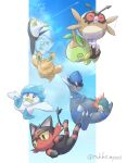  @_@ artist_name blue_sky cyndaquil eiscue eiscue_(ice) falling flapping full_body highres hoothoot litten no_humans pawmi pokemon pokemon_(creature) quaxly rampardos sky tokkempon turtwig 