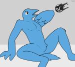  anthro avian bird blue_body blue_fur featureless_crotch fur hacony hi_res imminent_transformation male nude simple_background solo twitter_bird white_background 