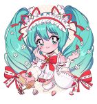  1990s_(style) 1girl absurdres blue_eyes blue_hair blush bow bowtie cake chelly_(chellyko) cup detached_sleeves dress drink flower food fruit hair_flower hair_ornament hatsune_miku highres holding long_hair long_sleeves looking_at_viewer macaron maid_headdress plate red_bow red_bowtie red_nails retro_artstyle sleeveless sleeveless_dress smile solo sparkle spoon standing strawberry strawberry_miku_(morikura) tea teacup teapot treble_clef twintails upper_body vocaloid white_background white_dress 