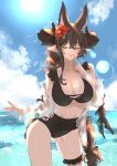  1girl absurdres bare_shoulders bikini black_bikini black_horns blue_sky breasts cleavage closed_eyes closed_mouth cloud collarbone commentary_request curled_horns day extra_ears finger_to_mouth flower galleon_(granblue_fantasy) granblue_fantasy hair_flower hair_ornament hatake_oekaki highres horns large_breasts long_hair ocean outdoors pointy_ears sky solo sun swimsuit very_long_hair 