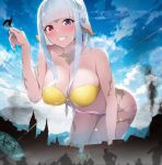  all_fours au_ra bare_shoulders bent_over bikini blunt_bangs blush breasts cityscape cleavage collarbone commission dermar dragon dragon_girl final_fantasy final_fantasy_xiv flower front-tie_bikini_top front-tie_top giant giantess grey_hair grin hair_flower hair_ornament hanging_breasts heterochromia highres large_breasts long_hair looking_at_viewer navel purple_eyes red_eyes scales sidelocks skeb_commission sky smile strapless strapless_bikini swimsuit 