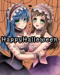  2girls blue_hair breasts brown_hair closed_mouth collar doll_joints dress green_eyes happy_halloween highres joints large_breasts long_hair looking_at_viewer maria_traydor multiple_girls nail_polish open_mouth smile sophia_esteed star_ocean star_ocean_till_the_end_of_time 
