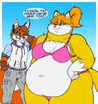  2018 absurd_res anthro belly bikini bottomwear breasts canid canine clothing deep_navel digital_media_(artwork) duo ear_piercing ear_ring english_text female fox fur green_eyes hair hi_res if_hell_had_a_taste jacket lewis_(anthroloverjay) male mammal multicolored_body multicolored_fur navel obese obese_anthro obese_female orange_hair overweight overweight_anthro overweight_female pants piercing ponytail red_fox ring_piercing speech_bubble swimwear text thick_thighs tiffany_brewwer topwear two_tone_body two_tone_fur viroveteruscy white_body white_fur 