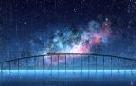  absurdres bridge chinese_commentary cloud commentary ground_vehicle highres nebula night night_sky no_humans ocean original outdoors rune_xiao scenery signature sky star_(sky) starry_sky still_life train 