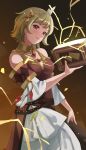  1girl absurdres bare_shoulders blonde_hair book breasts citrinne_(fire_emblem) cleavage earrings fire_emblem fire_emblem_engage gold_earrings gold_trim highres holding holding_book jewelry lightning looking_at_viewer medium_breasts necklace pearlbbbb red_eyes short_hair smile solo wing_hair_ornament 