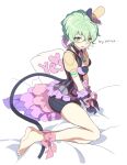  1girl barefoot bed bound bound_legs bound_wrists bra breasts cleavage core_crystal_(xenoblade) english_commentary english_text full_body gloves green_eyes green_hair jacket looking_at_viewer medium_breasts open_mouth pandoria_(xenoblade) pillow pink_ribbon pointy_ears purple_bra purple_gloves purple_jacket purple_shorts ribbon short_hair shorts simple_background solo stephanieh81080 tail toes underwear white_background xenoblade_chronicles_(series) xenoblade_chronicles_2 
