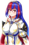  1girl absurdres alear_(female)_(fire_emblem) alear_(fire_emblem) blue_eyes blue_hair blush breasts closed_mouth crossed_bangs fire_emblem fire_emblem_engage hair_between_eyes heterochromia highres light_smile long_hair multicolored_hair red_eyes red_hair simple_background solo split-color_hair tiara to_(tototo_tk) two-tone_hair upper_body white_background 