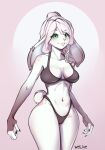  anthro belly big_ears bottomwear braided_hair breasts clothing ear_piercing female fingers green_eyes hair hi_res lagomorph leporid mammal navel piercing pink_hair pinup pose rabbit simple_background smile solo topwear welive wide_hips 