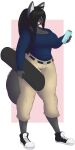  2021 5_fingers absurd_res anthro belt beverage big_breasts black_hair blue_clothing blue_shirt blue_topwear bottomwear breasts brown_eyes can canid canine canis cleavage clothed clothing container dee_(dewwydarts) dewwydarts energy_drink female fingers footwear fur grey_body grey_fur hair hair_over_eye hi_res holding_can holding_container holding_energy_drink holding_object holding_skateboard looking_at_viewer mammal monster_energy one_eye_obstructed open_mouth open_smile pants shirt shoes simple_background smile solo standing tan_bottomwear tan_clothing tan_pants topwear wolf yellow_sclera 