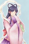  1girl ace_attorney black_hair blue_background dated hair_rings highres hiraishi_wataru japanese_clothes kimono long_hair maya_fey one_eye_closed pink_kimono sidelocks smile standing wide_sleeves 