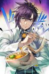 1boy blue_eyes bowl chopsticks commentary_request daijuuji_kurou demonbane egg food hair_between_eyes highres holding holding_bowl holding_chopsticks jacket looking_at_viewer male_focus nishii_(damnedrive) noodles open_clothes open_jacket purple_hair ramen smile smug solo spiked_hair udon upper_body white_jacket 