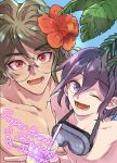  2boys :d ;d ametant collarbone danganronpa_(series) danganronpa_v3:_killing_harmony diving_mask_around_neck english_text flower glasses gokuhara_gonta green_hair hair_flower hair_ornament long_hair lower_teeth_only male_focus multiple_boys oma_kokichi one_eye_closed plant purple_hair red_eyes red_flower round_eyewear smile teeth tongue upper_body 