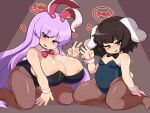  2023 2girls animal_ears areola_slip arm_support black_bow black_bowtie black_eyes black_hair black_leotard blue_leotard blush bow bowtie breasts commentary_request detached_collar fishnet_pantyhose fishnets floppy_ears head_tilt huge_breasts inaba_tewi kaai_seu leotard long_hair looking_at_viewer multiple_girls narrowed_eyes on_floor open_mouth pantyhose purple_hair rabbit_ears rabbit_tail red_bow red_bowtie red_eyes reisen_udongein_inaba short_hair simple_background sitting small_breasts spotlight sweat tail touhou translation_request very_long_hair wariza wrist_cuffs 