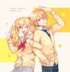  1boy 1girl absurdres blonde_hair brother_and_sister buttons cardigan closed_mouth collared_shirt commentary_request cowboy_shot fingernails flower gradient_hair hair_between_eyes highres hizaki_sui kamiyama_high_school_uniform_(project_sekai) locked_arms long_hair long_sleeves miyamasuzaka_girls&#039;_academy_school_uniform multicolored_hair neckerchief necktie one_eye_closed open_collar open_mouth orange_eyes orange_hair pink_hair project_sekai red_neckerchief sailor_collar school_uniform shirt short_hair siblings sidelocks striped_necktie teeth tenma_saki tenma_tsukasa twintails upper_teeth_only v yellow_cardigan 