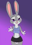  2023 4_fingers animated anthro big_breasts bottomwear breasts clothing digital_drawing_(artwork) digital_media_(artwork) disney ears_up female fingers fur judy_hopps lagomorph leporid long_ears looking_at_viewer mammal multicolored_body multicolored_fur nipples nude open_mouth pink_nose purple_eyes rabbit shirt short_playtime skirt solo t-shirt text topwear two_tone_body two_tone_fur vylfgor zootopia 
