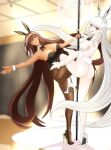  2girls animal_ears ascot ass bare_shoulders black_ascot black_bow black_bowtie black_leotard blanc_(nikke) bow bowtie breasts brown_hair detached_collar fake_animal_ears fake_tail fishnet_pantyhose fishnets goddess_of_victory:_nikke high_heels jackal_(zduu8554) large_breasts leotard long_hair medium_breasts multiple_girls noir_(nikke) pantyhose playboy_bunny pole_dancing rabbit_ears rabbit_tail siblings sisters stiletto_heels strapless strapless_leotard tail very_long_hair white_hair white_leotard wrist_cuffs yellow_eyes 