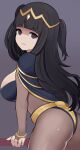  1girl absurdres ass black_hair blunt_bangs bodystocking bodysuit breasts bridal_gauntlets cape circlet fire_emblem fire_emblem_awakening from_behind highres kocha_(jgug7553) large_breasts long_hair looking_at_viewer looking_back purple_background purple_eyes smile solo tharja_(fire_emblem) twintails 