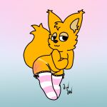  1:1 2023 anthro big_ears big_tail canid canine clothed clothing crossdressing crossed_arms curvy_female fan_character female female/female fox fur genitals gradient_background hi_res jun_jun jun_jun_(character) legwear lycalopex mammal nude orange_body orange_fur pampas_fox partially_clothed pussy simple_background simple_eyes smile solo submissive tail thigh_highs toony young 