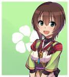  1girl bob_cut brown_hair floral_background green_eyes highres inverted_bob japanese_clothes looking_at_viewer low_tied_sidelocks nanaka_(tenka_hyakken) obi obijime onasu_(sawagani) open_mouth sash short_hair short_sleeves smile solo tenka_hyakken upper_body v_arms 