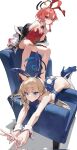  2girls animal_ears bandaid bandaid_on_leg blonde_hair blue_archive blue_eyes chair fake_animal_ears fake_tail fatur_rasid high_heels highres jacket long_hair lying multiple_girls neru_(blue_archive) neru_(bunny)_(blue_archive) on_stomach playboy_bunny rabbit_ears rabbit_tail red_eyes red_hair simple_background sitting tail toki_(blue_archive) toki_(bunny)_(blue_archive) 