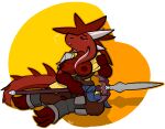  anthro armor big_breasts blush bodily_fluids boots bottomwear breasts breath_cloud clothed clothing dragon female footwear heat_(temperature) hi_res horn long_ears melee_weapon nipples open_clothing open_shirt open_topwear pants partially_clothed polearm scalie shirt sitting solo spear sweat sweaty_breasts topwear trout_(artist) weapon 