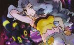  1girl bare_arms bare_shoulders black_eyes black_fur blue_eyes blue_hair breasts collarbone colored_sclera crop_top half-closed_eyes hand_on_own_hip iribi_you karen_(pokemon) large_breasts light_blue_hair long_hair midriff navel official_art pants parted_bangs pokemon pokemon_(game) pokemon_hgss pokemon_tcg red_sclera shirt sleeveless sleeveless_shirt spaghetti_strap third-party_source umbreon wavy_hair white_pants yellow_shirt 