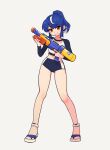  1girl blue_hair blue_shorts brown_eyes chinese_commentary commentary_request full_body highres holding holding_water_gun long_hair long_sleeves looking_at_viewer meowzng midriff multicolored_hair original ponytail sandals shirt shorts simple_background smile solo standing streaked_hair water_gun white_background 