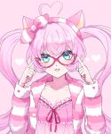  1girl adjusting_eyewear ahoge animal_ears blue_eyes cat_ears cat_girl glasses jacket long_hair long_sleeves looking_at_viewer mel6969 pink_background pink_hair pink_jacket pink_shirt rosia_(show_by_rock!!) shirt show_by_rock!! solo twintails 