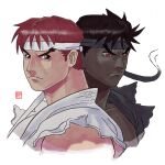  comparison dark_skin dougi evil_ryu headband highres karate_gi official_alternate_costume official_alternate_hairstyle rgm501 ryu_(street_fighter) serious signature simple_background standing street_fighter 