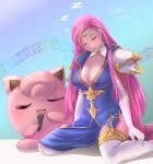  breasts brunnya_(fire_emblem) cleavage crossover fire_emblem fire_emblem:_the_binding_blade highres jigglypuff music musical_note nintendo pokemon pokemon_(creature) purple_hair rinku_bny singing sitting sleeping zzz 