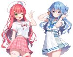  2girls ;d ahoge bandaid bandaid_on_leg beret blue_bow blue_hair blush bow breasts closed_mouth commentary_request green_eyes grey_eyes hair_between_eyes hair_ornament hand_up hat hololive hoshimachi_suisei hoshimachi_suisei_(4th_costume) long_hair looking_at_viewer mauve medium_breasts multiple_girls one_eye_closed pink_skirt pleated_skirt puffy_short_sleeves puffy_sleeves red_hair sailor_collar sakura_miko sakura_miko_(6th_costume) school_uniform serafuku shirt short_sleeves simple_background skirt smile star_(symbol) v very_long_hair virtual_youtuber white_background white_headwear white_sailor_collar white_serafuku white_shirt white_skirt 