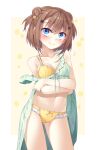  1girl ass_visible_through_thighs bare_arms blue_eyes bow bra breasts brown_hair closed_mouth collarbone dress green_dress hair_bun hair_ornament highres ina_(inadahime) navel original panties simple_background smile underwear yellow_bra yellow_panties 