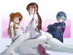  3girls absurdres arm_support artist_name ass ayanami_rei black_bodysuit blue_eyes blue_hair bodysuit breasts brown_hair closed_mouth commentary_request evangelion:_3.0+1.0_thrice_upon_a_time expressionless eyepatch full_body glasses highres holding_hands interface_headset knees_up long_hair looking_at_viewer looking_back makinami_mari_illustrious medium_breasts multiple_girls neon_genesis_evangelion open_mouth plugsuit rebuild_of_evangelion red_eyes semi-rimless_eyewear short_hair signature simple_background sitting skin_tight smile souryuu_asuka_langley white_bodysuit yoshinaga_masahiro 