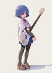  1girl black_pantyhose blue_hair blue_skirt bocchi_the_rock! brown_footwear closed_mouth collared_shirt electric_guitar full_body grey_background guitar holding holding_instrument instrument layered_sleeves long_sleeves mole mole_under_eye nakamori_kemuri pantyhose pleated_skirt shadow shirt shoes short_hair short_over_long_sleeves short_sleeves simple_background skirt solo white_shirt yamada_ryou yellow_eyes 