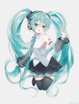  1girl absurdly_long_hair absurdres aqua_eyes aqua_hair aqua_ribbon bare_shoulders black_skirt black_thighhighs detached_sleeves full_body grey_background hair_ornament hand_up hatsune_miku hatsune_miku_(nt) headphones highres legs_up long_hair miniskirt neck_ribbon noneon319 open_mouth piano_print piapro pleated_skirt revision ribbon see-through see-through_sleeves shirt shoulder_tattoo skirt sleeveless sleeveless_shirt solo tattoo thighhighs twintails very_long_hair vocaloid white_shirt white_sleeves zettai_ryouiki 