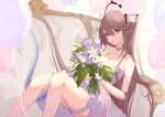  1girl absurdres alternate_costume aoi_tooru arknights balloon blue_eyes bouquet breasts brown_hair choker cleavage collarbone couch dress feet_out_of_frame flower gloves highres holding holding_bouquet indigo_(arknights) knees_up long_hair looking_at_viewer on_couch parted_lips solo tail thigh_strap very_long_hair white_choker white_dress white_flower white_gloves 