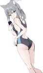  1girl absurdres adjusting_clothes adjusting_swimsuit animal_ear_fluff animal_ears ass bare_arms bare_shoulders blue_archive blue_eyes breasts cellphone competition_swimsuit criss-cross_halter feet_out_of_frame grey_hair halterneck highres holding holding_phone looking_at_viewer looking_back low_ponytail one-piece_swimsuit phone shiroko_(blue_archive) shiroko_(swimsuit)_(blue_archive) short_hair short_ponytail simple_background small_breasts smartphone solo standing swimsuit taking_picture tiara_(871220) white_background 