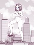  1girl absurdres black_hair blue_eyes breasts building city cloud completely_nude destruction full_body giant giantess highres ink_(inksgirls) large_breasts medium_hair navel nipples nude pussy_juice samsung samsung_sam shadow skyscraper smile solo standing 