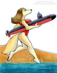  2023 anthro beach black_nose breasts brian_reynolds brown_hair canid canine canis clothed clothing domestic_dog female fur hair hi_res macro mammal one-piece_swimsuit running seaside solo submarine swimwear tan_body tan_fur vehicle water watercraft 
