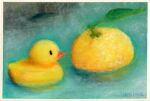  amima_amita artist_name food fruit leaf no_humans orange_(fruit) original painting_(medium) pastel_(medium) rubber_duck signature traditional_media water 
