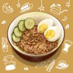  bowl brown_background crescent_moon cucumber cucumber_slice food food_focus hardboiled_egg highres lefty_lai meat moon moon_with_face no_humans noodles original shadow star_(symbol) still_life teapot 