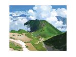  above_clouds blue_sky border building cloud cloudy_sky highres mountain mountainous_horizon no_humans original painting_(medium) s3_lmm scenery shadow sky sunlight traditional_media white_border 