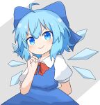  1girl ahoge arm_behind_back blue_bow blue_dress blue_eyes blue_hair bow cirno closed_mouth collared_shirt commentary_request coruthi doyagao dress finger_to_cheek grey_background hair_bow highres medium_hair neck_ribbon pinafore_dress puffy_short_sleeves puffy_sleeves red_ribbon ribbon shirt short_sleeves simple_background sleeveless sleeveless_dress smile smug solo touhou v-shaped_eyebrows white_shirt 