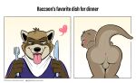  &lt;3 anthro anus apron backsack balls blush brown_body brown_fur butt clothing comic cutlery duo english_text felix_(nik159) fork fur genitals kitchen_utensils knife looking_back male mammal mustelid nik_(nik159) nikraccoom open_mouth otter presenting presenting_hindquarters procyonid purple_clothing purple_shirt purple_topwear raccoon shirt simple_background text tongue tongue_out tools topwear 